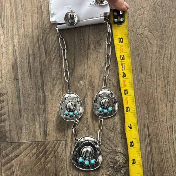 By The Bay NY Necklace/Earring Set,silver tone cowgirl hat,faux turquoise stones - Picture 10 of 10